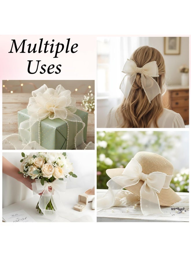 1.5 Inch Wire Edged Faux Pearl Cream White Sheer Mesh Ribbon 5 Yard For Gift Wrapping Wedding Bouquet Craft Bow Decorations - Image 3