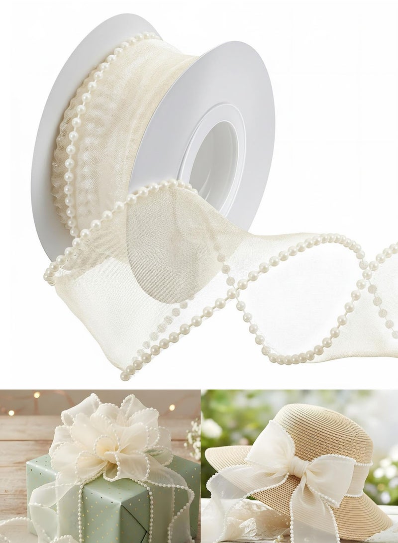 1.5 Inch Wire Edged Faux Pearl Cream White Sheer Mesh Ribbon 5 Yard For Gift Wrapping Wedding Bouquet Craft Bow Decorations - Image 1