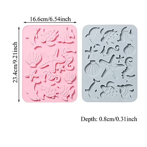 OURASHERO Marine Theme Silicone Fondant Mold Pack of 2, Ocean Seashell Starfish Coral Seahorse Sea Turtle Dolphin Under the Sea Style Handmade Soap Mold Pastry Baking Tools for Cookie Chocolate Cake Decor - Image 2