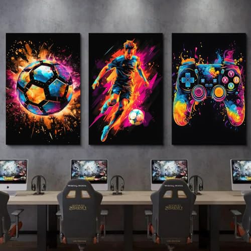 BGFCE Gaming Canvas Wall Art Decor, Paintings Art Game Controller Color Splash Ink Prints Painting, Posters for Room Aesthetic, Soccer Canvas Wall Art for Boys Room Decor 16x24 - Set of 3 Framed - Image 5