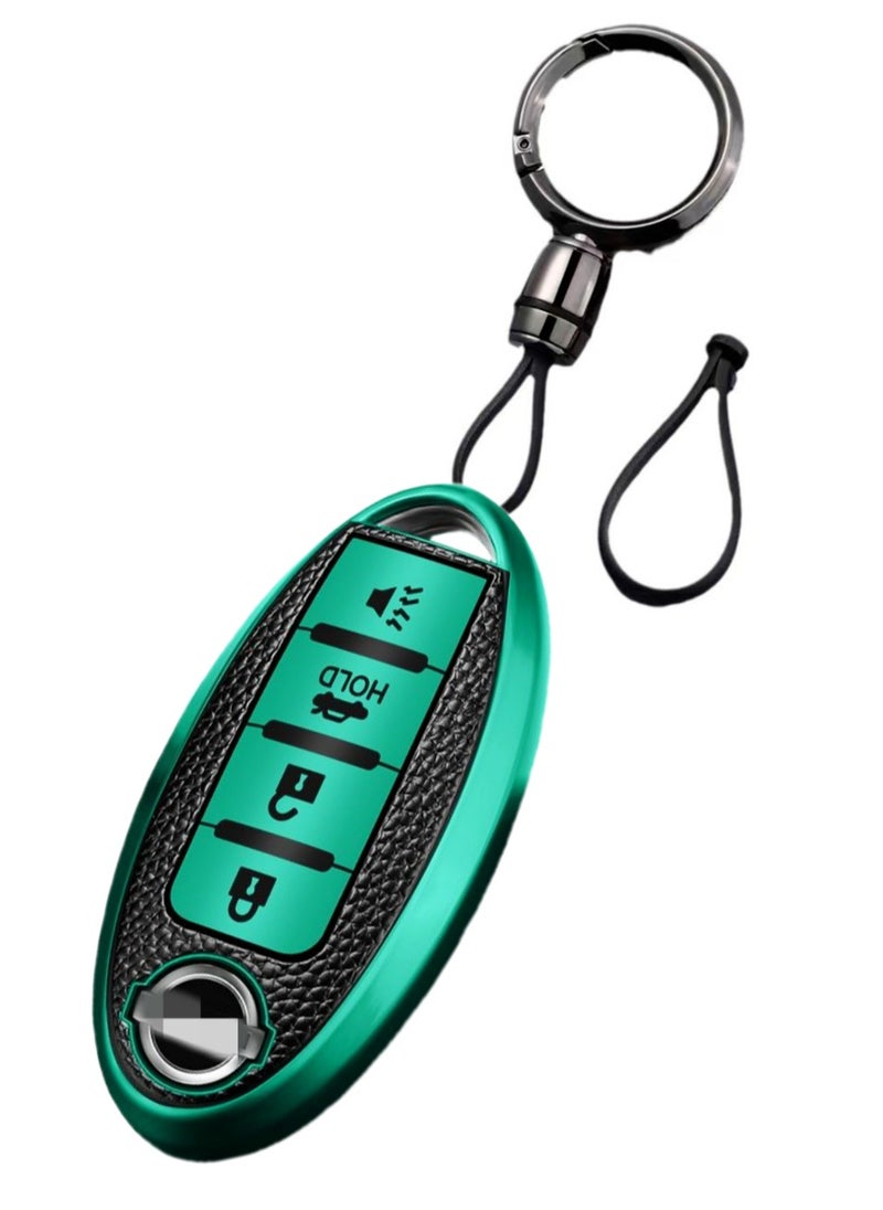 OUYoo OUYoo For Nissan Key Fob Cover, for Nissan Altima Accessories Maxima Rogue Armada Pathfinder Infiniti Premium Soft TPU Full Cover Smart Remote Keyless Key，With key chain(4 Button only) (Green）  - Image 1