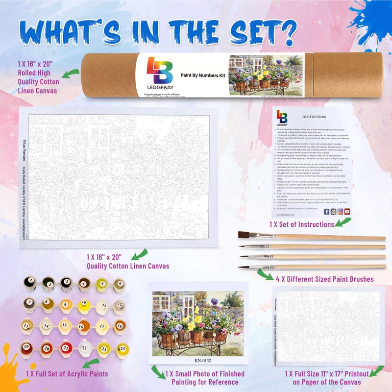 Ledgebay DIY Paint by Numbers Kit for Adults Unframed Canvas Beginner to Advanced Paint by Numbers Kit,Kits Include Acrylic Paint Set, Brushes & Tabletop Easel, (Rita Pansies 16"x20" Unframed) - Image 4