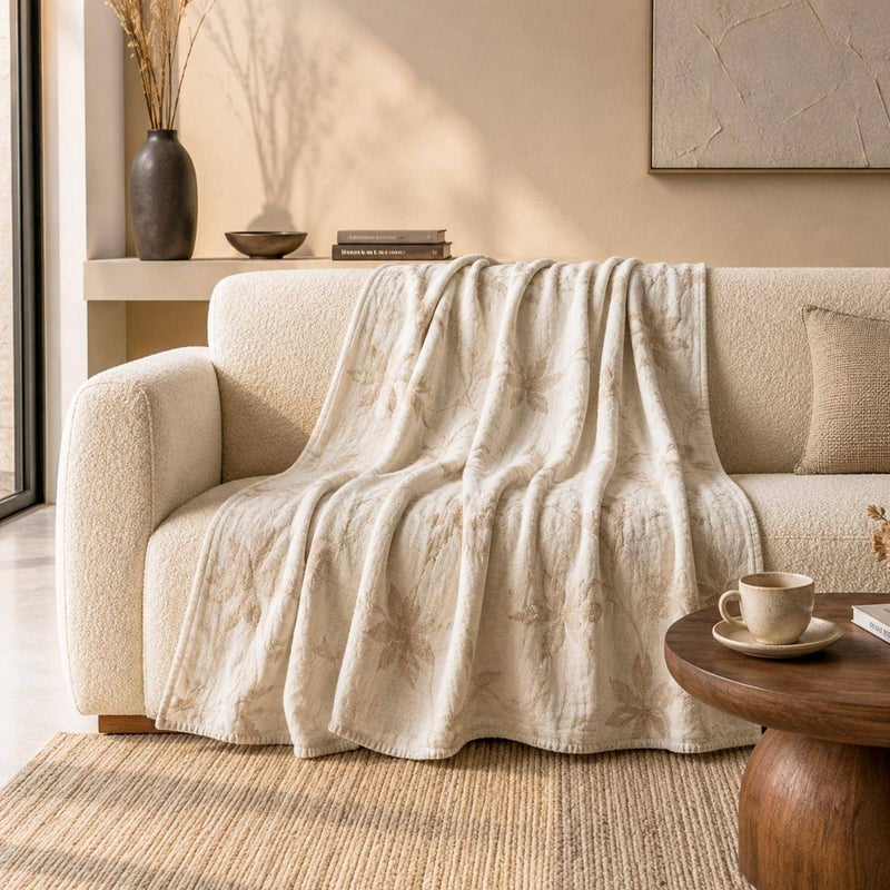 Pan Home Tahiti Palm Jacquard Chenille Throw 130x170cm - Ivory/Beige - 125SVI9900114 - Image 1