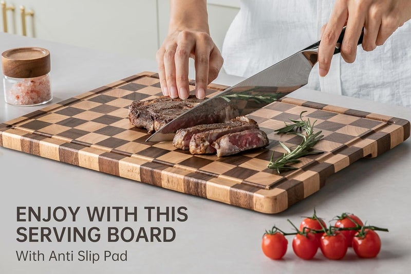 thetchry Cutting Boards for Kitchen, Checkered Cutting Board Upgraded, Acacia Wood Chopping Board with Juice Grooves & Handles, Large Butcher Block Serving Tray with Gift Box, 16.5" x 11.6" x 0.8" - Image 5