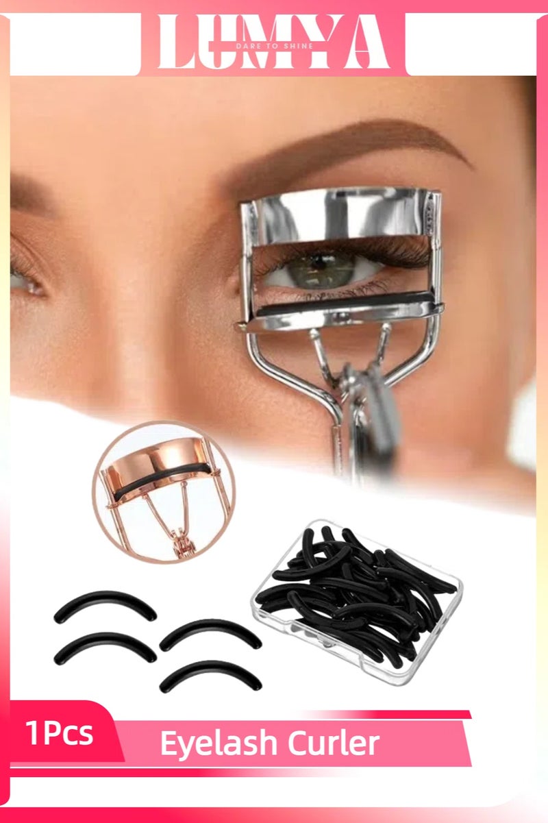 LUMYA Eyelash Curler with 50pcs Silicone Refills, Silver Lash Curling Tool for Most Eye Shapes, Soft Elastic Pads, Travel Makeup Accessory - Image 1
