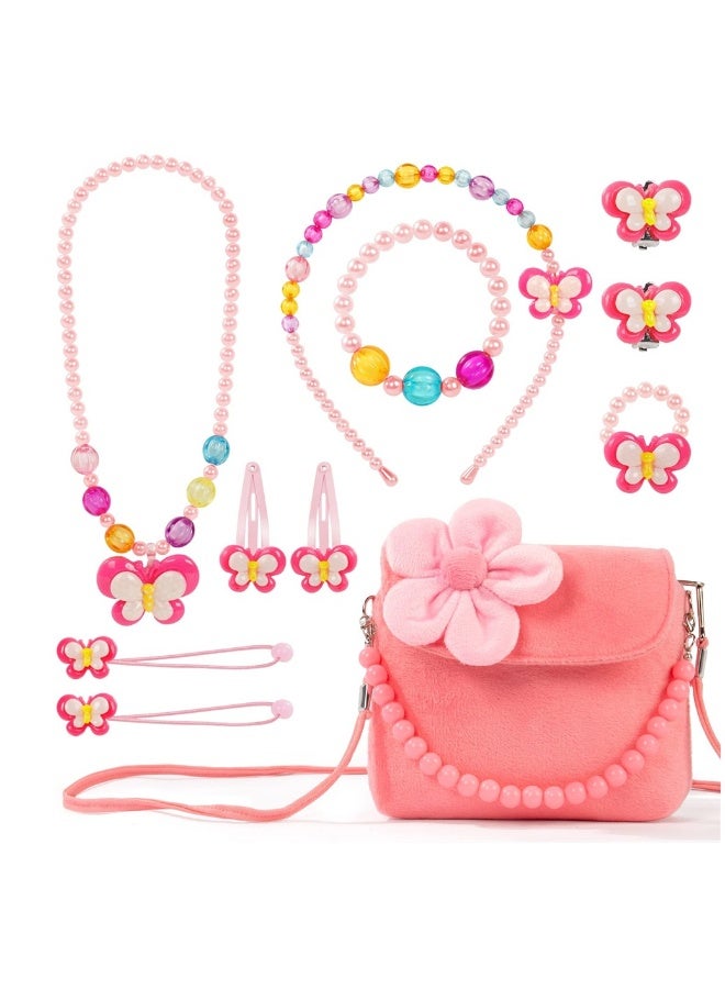 Kids Jewelry Set, Flower Crossbody Bag Purse Gift, Children Pink Handbag with Butterfly Necklace Bracelet Rings Earrings, Princess Role Play Dress Up Jewelry Accessories Party Favors  - Image 1