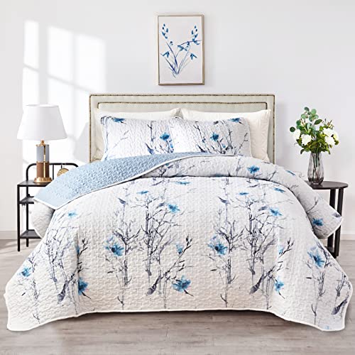 Flysheep Botanical Quilt Set 3 Pieces King Size, Blue Flower Branch on White Reversible Bedspread Coverlet Set, Soft Microfiber Lightweight Bed Cover for All Season (102" x 90", 1 Quilt+ 2 Pillow Shams) - Image 1