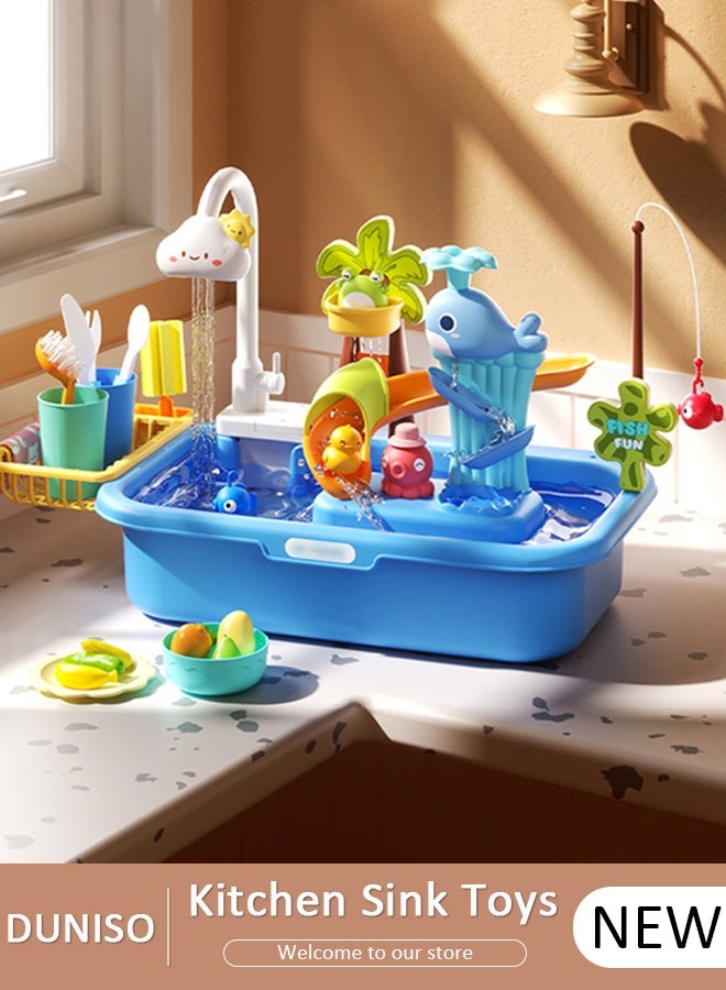 DUNISO Play Sink Toys with Running Water and Electric Faucet,Pretend Play Kitchen Accessories Role Play Dishwasher Toy for Kids with Automatic Water Cycle System - Image 1
