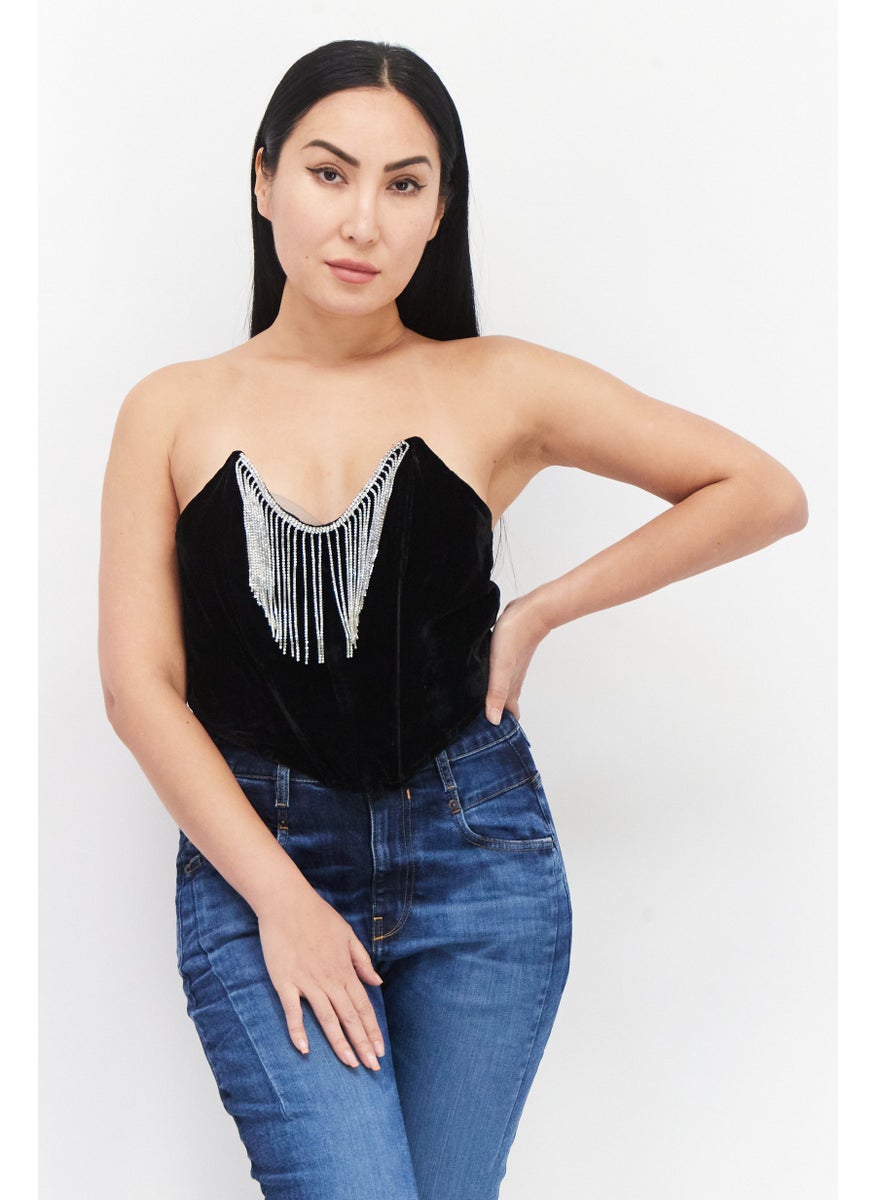 RIVER ISLAND Women Sweetheart Neck Sleeveless Textured Crop Top, Black  - Image 1