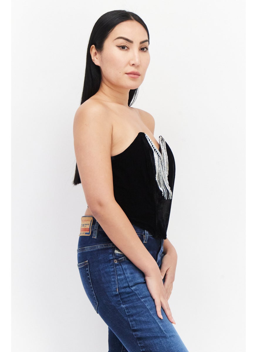 RIVER ISLAND Women Sweetheart Neck Sleeveless Textured Crop Top, Black  - Image 2