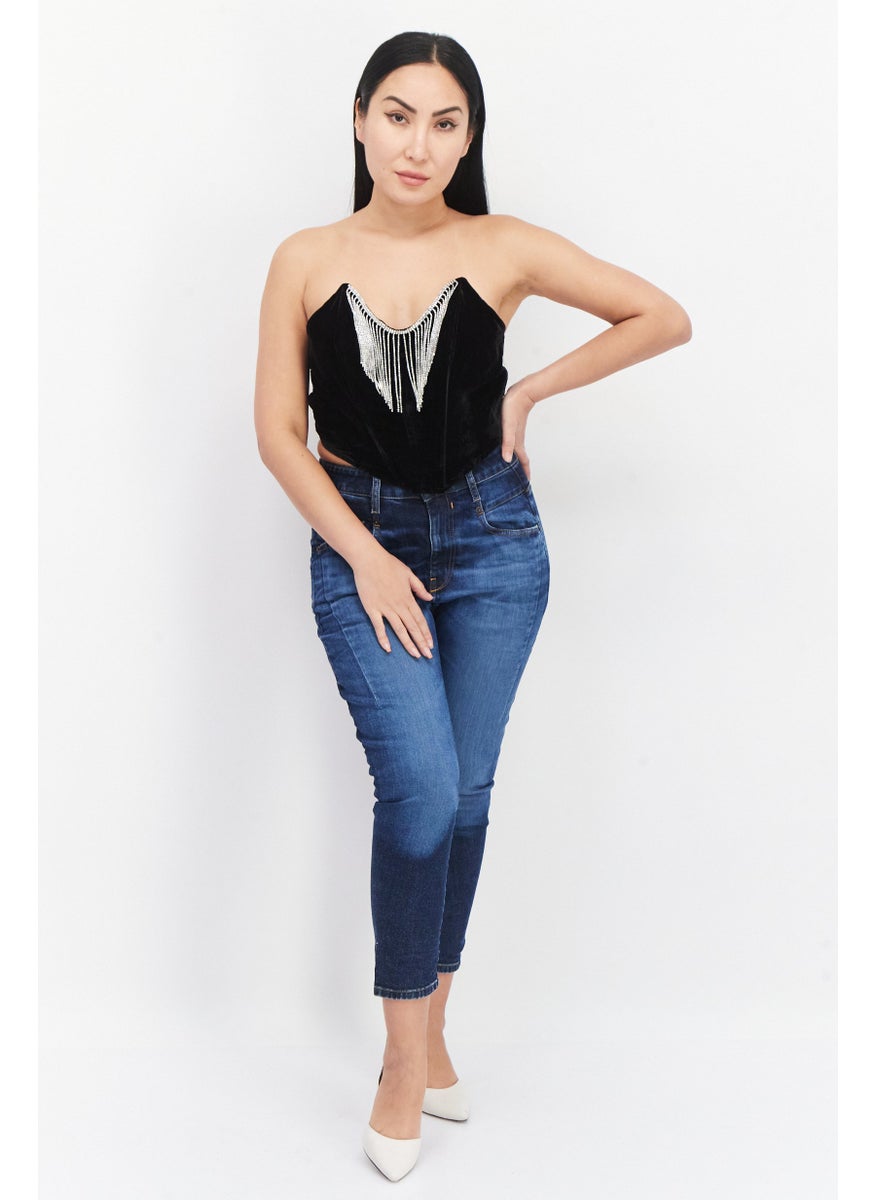 RIVER ISLAND Women Sweetheart Neck Sleeveless Textured Crop Top, Black  - Image 3
