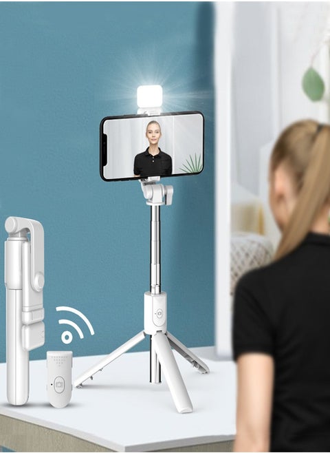 27.5 inch Mini Selfie Stick, Extendable Phone Tripod with Wireless Remote, LED Fill Lights, Stable and Firm Travel Tripod, for Selfies, Video, Compatible with iPhone & Android Devices -White