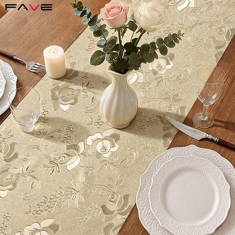 FAVE Gold Table Runner for Rectangle Tables, 72 Inch Heat Resistant Runner with Flower, Waterproof, Stain Resistant, Reusable for Daily Use Parties and Banquet(Golden - Image 2