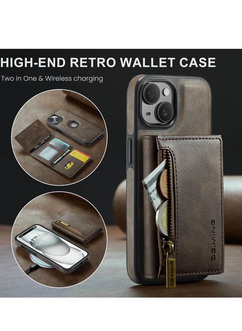 Dg Ming 2 in 1 Clutch Wallet for Iphone 15 , Vintage Slim Leather Case Magnetic Detachable Tri-Fold Wallet, Leather Case with Card Holder Pocket Slim Case  - Image 3