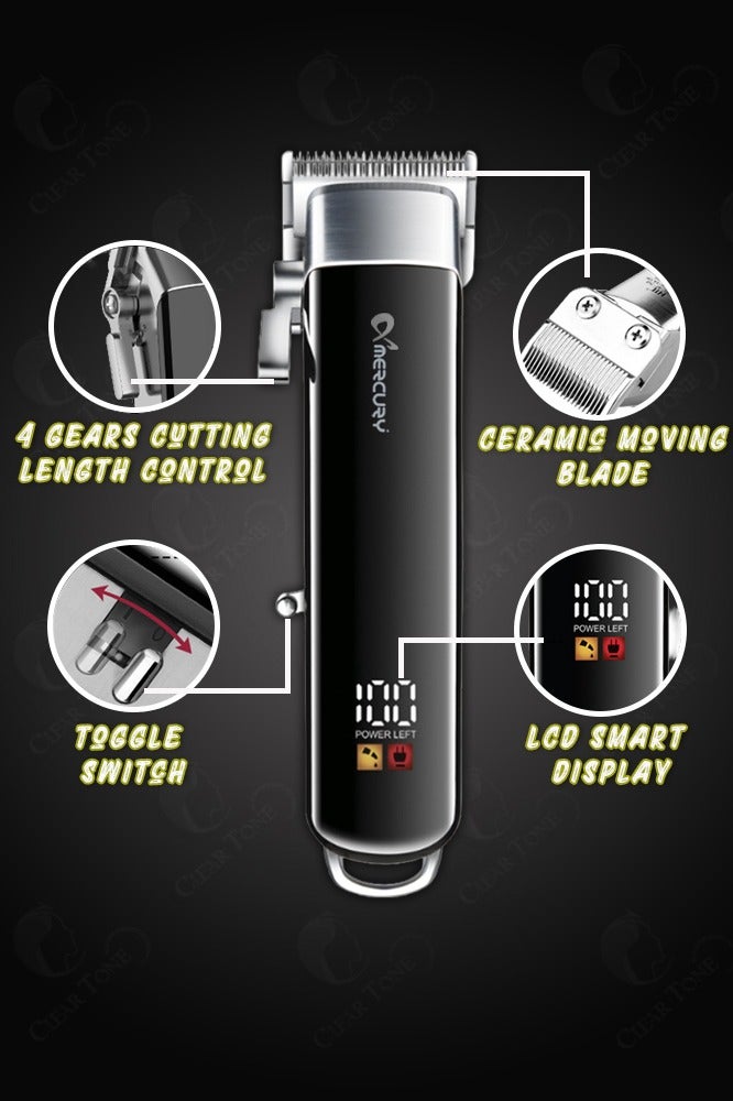 ميركيري ماكينة قص شعر قابلة لإعادة الشحن بمحرك قوي مضاد للاهتزاز | شفرات بأربع سرعات | رأس قص حاد | شفرة متحركة من السيراميك | شاشة LED ذكية | مدة تشغيل تصل إلى ١٨٠ دقيقة | بطارية طويلة ٢٠٠٠ مللي أمبير/ساعة | شفرات سهلة التنظيف - Image 2