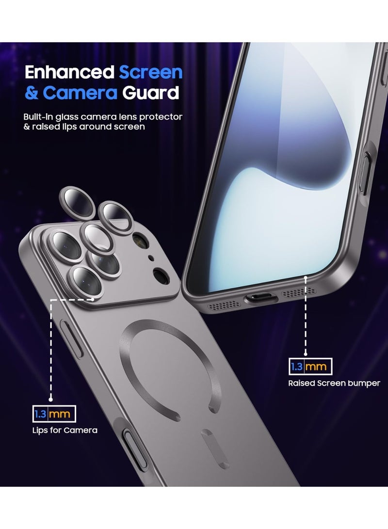 جراب مغناطيسي لهاتف iPhone 17 Pro Max، يأتي مع واقي لعدسة الكاميرا، متوافق مع Magsafe، غطاء هاتف ناعم من مادة TPU للحماية الكاملة، نحيف وناعم ومقاوم للصدمات (رمادي) - Image 2