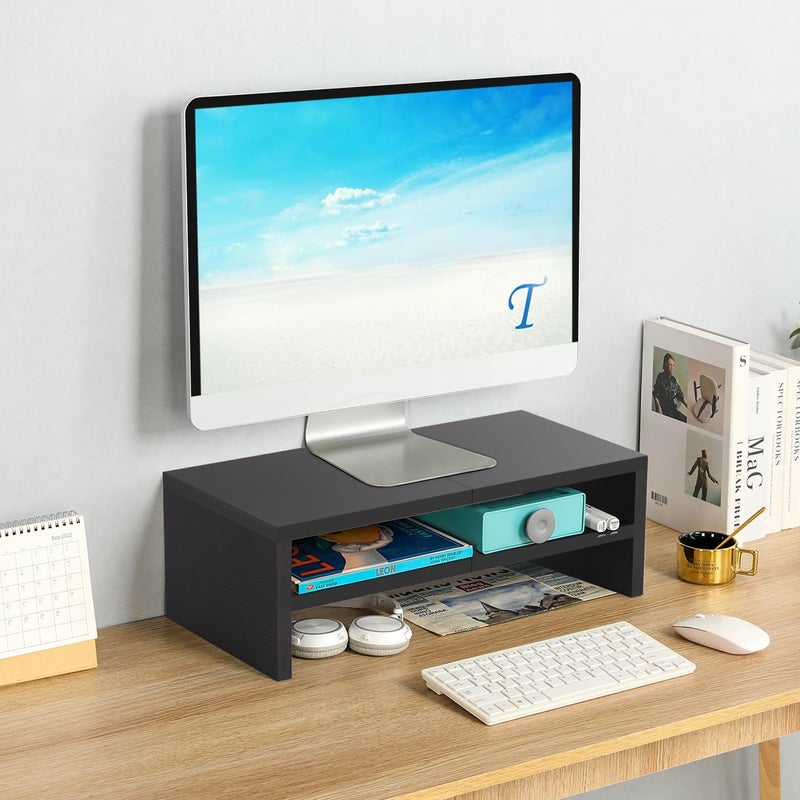 TEAMIX 2 Tiers Wooden Desktop Monitor Stand Riser 20 Inch Printer Stand with Double Storage Small TV Riser Laptop Keyboard Holder Business Desk Organizer Shelf Black Bookshelf - Image 2