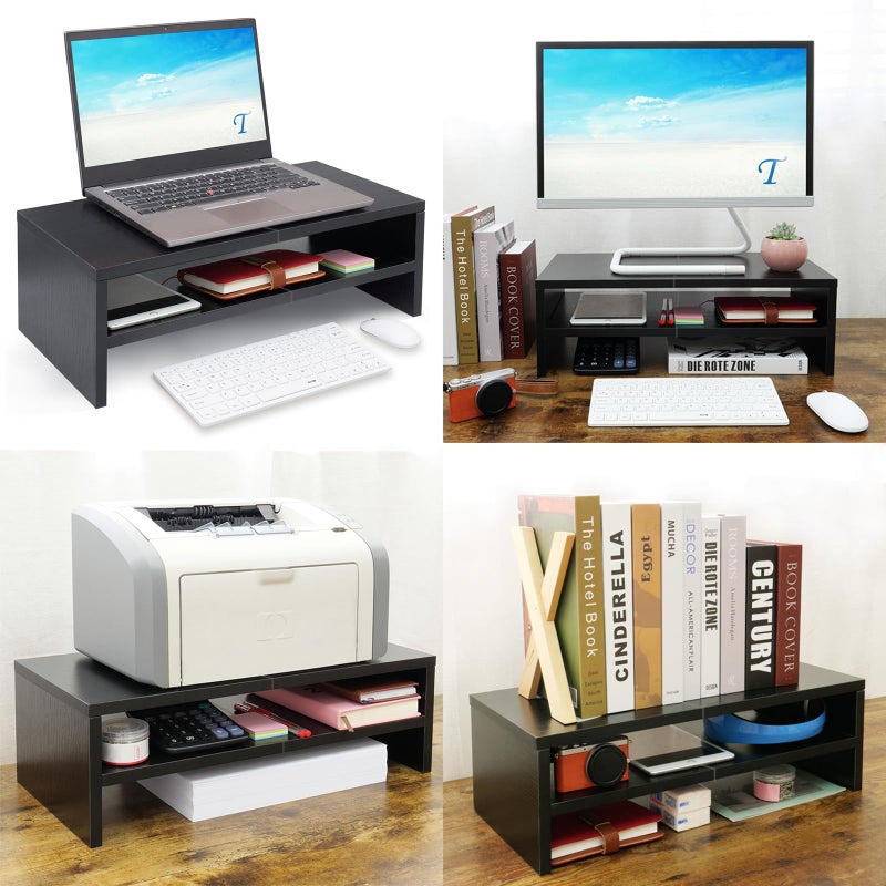 TEAMIX 2 Tiers Wooden Desktop Monitor Stand Riser 20 Inch Printer Stand with Double Storage Small TV Riser Laptop Keyboard Holder Business Desk Organizer Shelf Black Bookshelf - Image 3