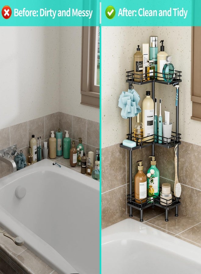 HapiRm Corner Shower Caddy Standing - 3 Tier Shower Organizer Corner with Soap Holder, Rustproof Bathroom Standing Organizer with 4 Hooks, Black - Image 5