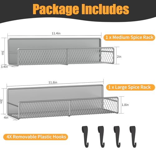 DTUQYX Magnetic Spice Rack for Refrigerator, 2 Pack Metal Magnetic Shelf Grey, Moveable Spice Organizer with Hooks, Super Magnetic Fridge Shelf for Kitchen Organization and Storage - Image 2