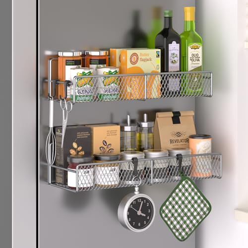 DTUQYX Magnetic Spice Rack for Refrigerator, 2 Pack Metal Magnetic Shelf Grey, Moveable Spice Organizer with Hooks, Super Magnetic Fridge Shelf for Kitchen Organization and Storage - Image 1