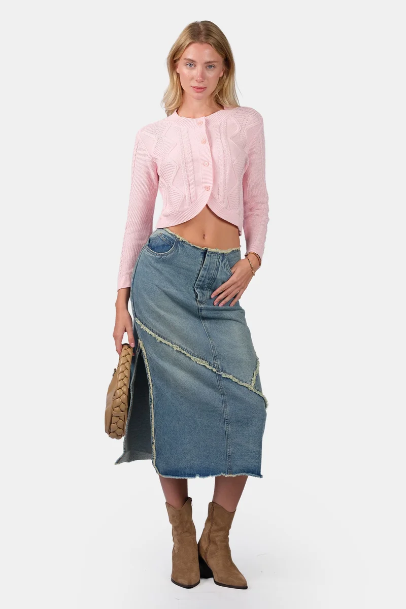 فيرجيو Self Design Cotton Curved Hem Knitted Crop Cardigan for Women