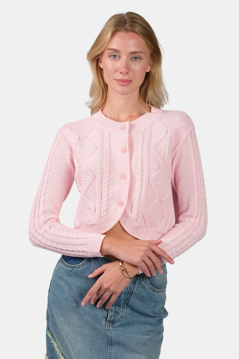 فيرجيو Self Design Cotton Curved Hem Knitted Crop Cardigan for Women