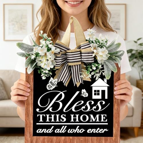 GAOMEIDA 14'' Bless This Home and All Who Enter Wooden Door Sign - Welcome Wreaths for Front Door Rustic Bless This House Outdoor sign for Front Door, Housewarming Gift for Front Door Entryway Kitchen Garden and Porch All Seasons - Image 1