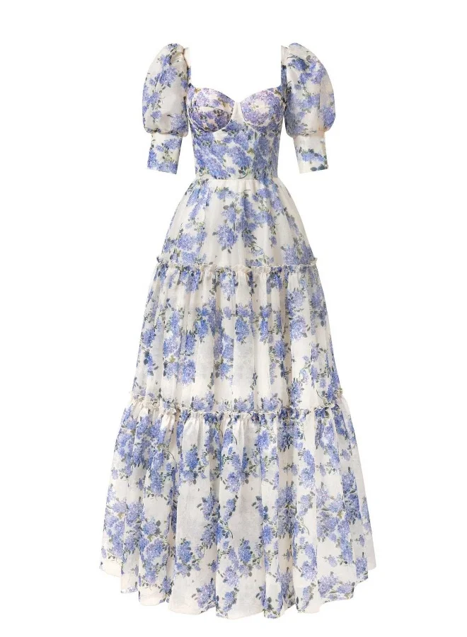 Madam Uniq Romantic Light Purple Floral Gown, Off - Shoulder & Puff Sleeves, Formal Evening Dress