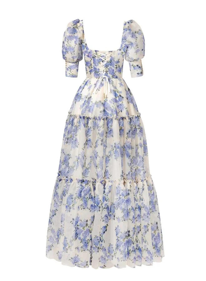 Madam Uniq Romantic Light Purple Floral Gown, Off - Shoulder & Puff Sleeves, Formal Evening Dress