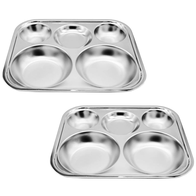 Fam 3 Compartment Tray Korean Stainless Steel Divided Plates Food Grade 304 Tray Large Size for Adults Teens Picky Eaters Campers BPA Free Diet Portion Control Serving Platter Dinner Snack Set of 2 