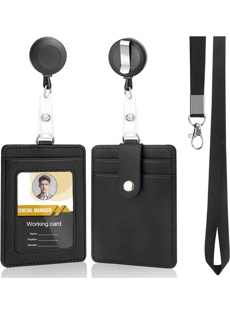 Bincoo Heavy Duty Vertical ID Card Holder Badge Holder Reel with Lanyard and Retractable Badge Reel Clip, Unisex Leather ID Badge Holder, Waterproof Clear and PU Leather Badge Holder - Image 1