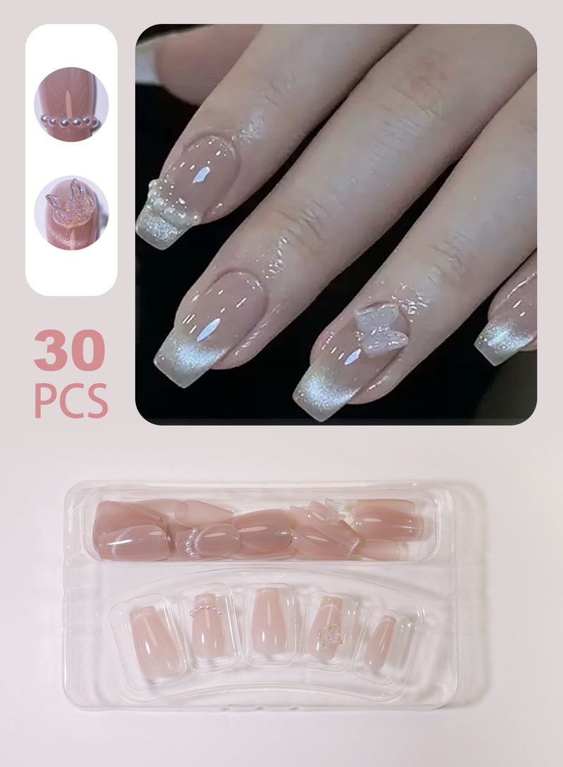 30 pcs Press On Nails, Mid-length Flat Head Shaped Solid Skin Color Shiny Cat Eye Nail Art with Butterfly , Pearl , False Nail Patch - Image 2