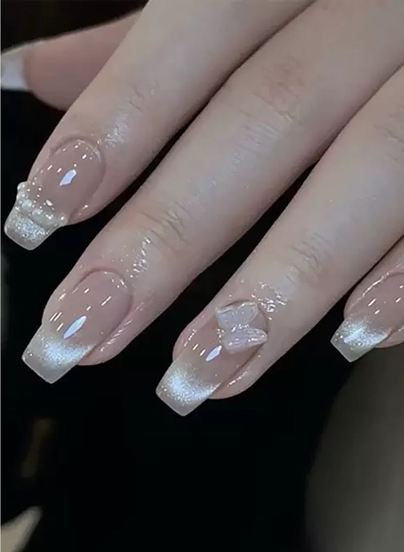 30 pcs Press On Nails, Mid-length Flat Head Shaped Solid Skin Color Shiny Cat Eye Nail Art with Butterfly , Pearl , False Nail Patch - Image 3