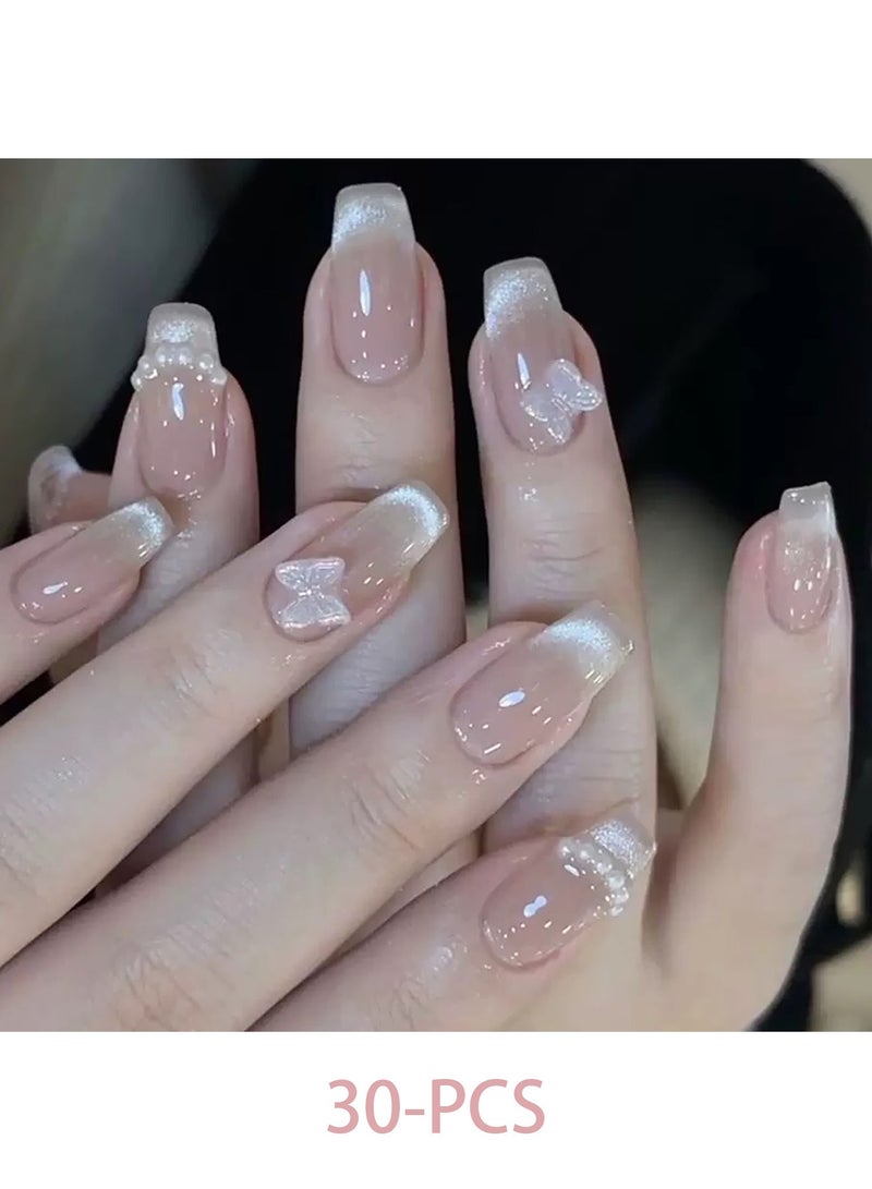30 pcs Press On Nails, Mid-length Flat Head Shaped Solid Skin Color Shiny Cat Eye Nail Art with Butterfly , Pearl , False Nail Patch - Image 1