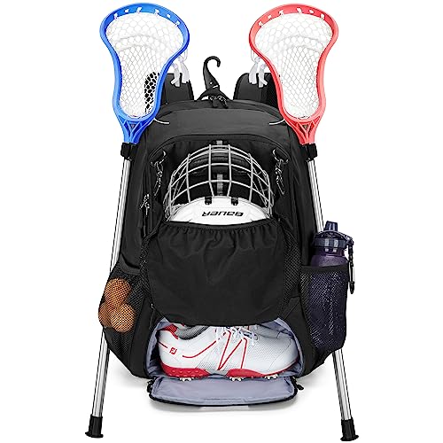 GOBUROS Lacrosse Bag Lacrosse Equipment Backpack with Stick Holder and Hidden Zipper Net Holds All Lacrosse or Field Hockey Gears Separate Ventilated Shoe Space Hold Up to US Mens 13 Black - Image 1