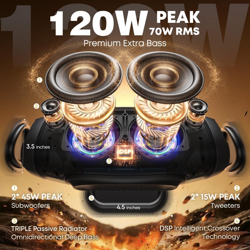 W-KING Bluetooth Speaker Loud, 120W Max Portable Speakers Bluetooth Wireless, IPX6 Waterproof Party Large Speaker Outdoor Boombox Subwoofer*2, 70W Triple Passive Radiator-42H Deep Bass, TF, AUX, EQ - Image 2