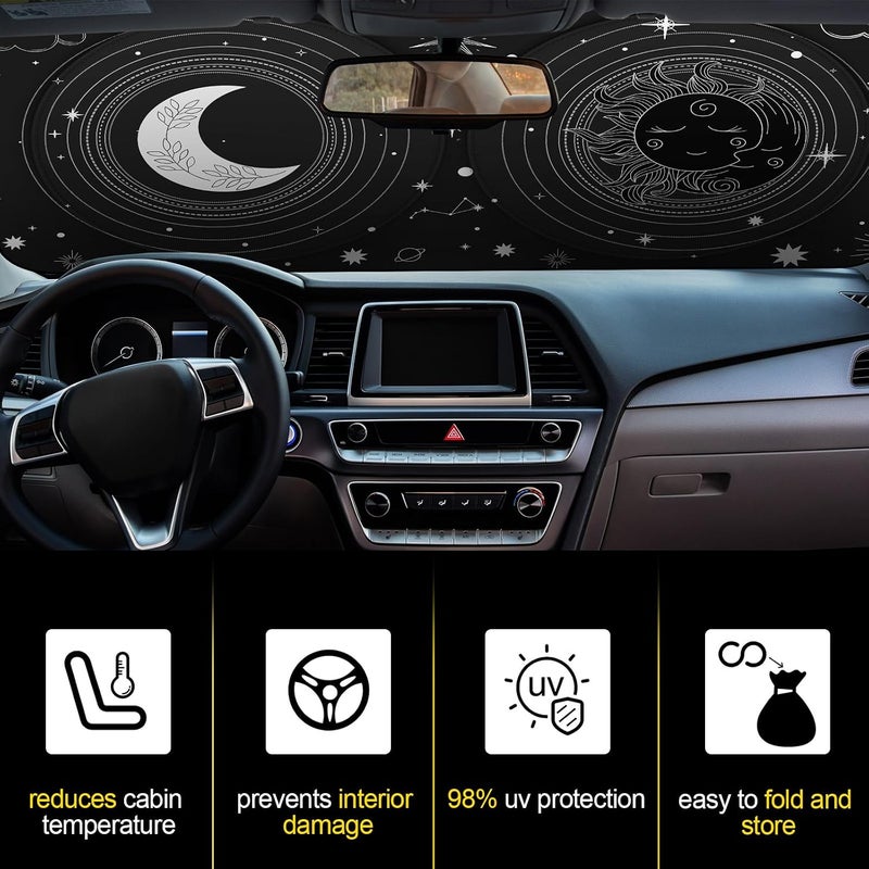 Woanger Windshield Sun Shade Foldable Car Front Window Covers for Car Accessories Sun Heat UV Rays Visor Protector Protection for Universal Cars SUV Truck (Sun Moon) - Image 5