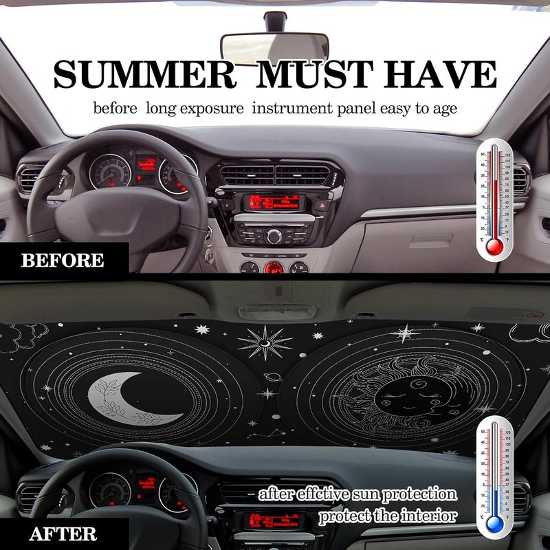 Woanger Windshield Sun Shade Foldable Car Front Window Covers for Car Accessories Sun Heat UV Rays Visor Protector Protection for Universal Cars SUV Truck (Sun Moon) - Image 4