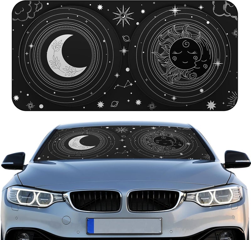 Woanger Windshield Sun Shade Foldable Car Front Window Covers for Car Accessories Sun Heat UV Rays Visor Protector Protection for Universal Cars SUV Truck (Sun Moon) - Image 1