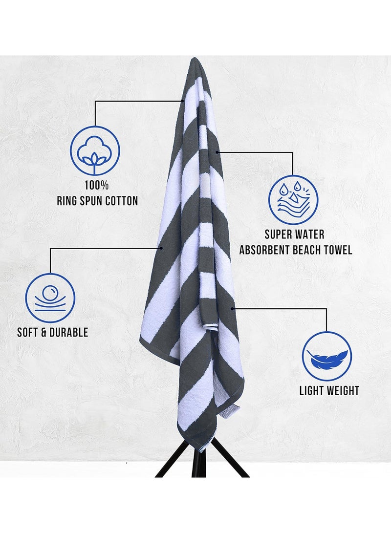 فابينني مجموعة من 4 مناشف شاطئ، مقاس 30×60 بوصة، بنقشة مخططة، مصنوعة من القطن 100% مقاس 76×152 سم، فائقة الامتصاص وسريعة الجفاف، لون رمادي داكن. - Image 4