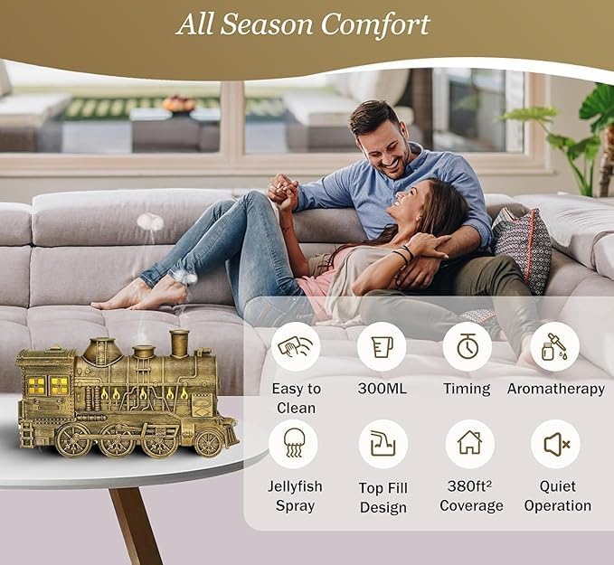 Derovan Train-Shaped Essential Oil Diffuser – 300ml Aromatherapy Humidifier with Remote Control, 2 Mist Modes & Colorful LED Lights – Quiet Ultrasonic Diffuser for Home, Office, Bedroom - Image 2
