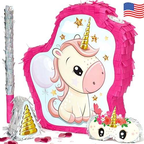 JitteryGit Unicorn Pinata Treasure Hunt Party Game Birthday Party Complete Set 16 X 13 Inches Cute Horse Girl Pinata Includes Unicorn Piata Horn Mini Piata Pink Bat and more - Image 1