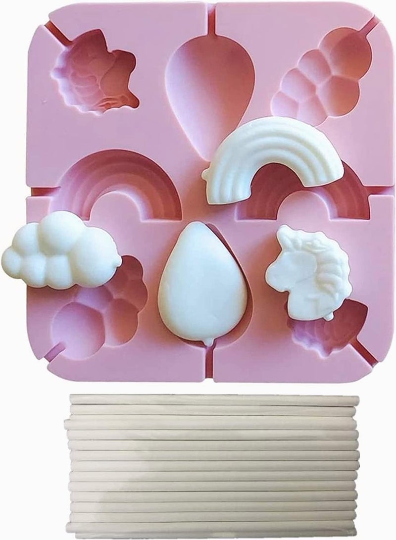 3D Silicone Molds for Pony Unicorn Shape, Rainbow, Clouds, Raindrop, Kid's Party, Treat Bags, Chocolate, Candy, Gelatin Fudge, Ice Cube, 25 Pcs Paper Cartoon Lollipop Sticks (4inch) - Image 1