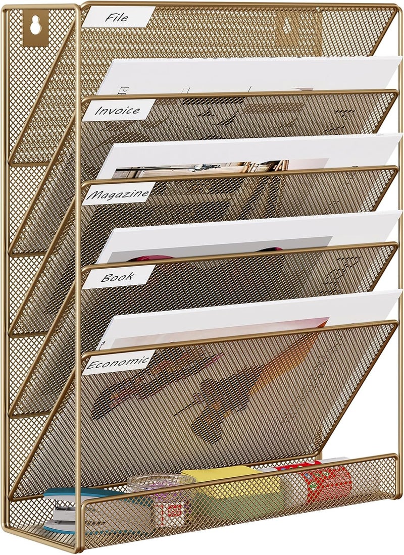 EasyPag 5 Tier Wall File Holder Mesh Hanging Folder Organizer with Classify Label, Versatile Desk File Holder, Vertical Wall Mounted Mail Organizer for Office Home Cubicle, Gold - Image 1