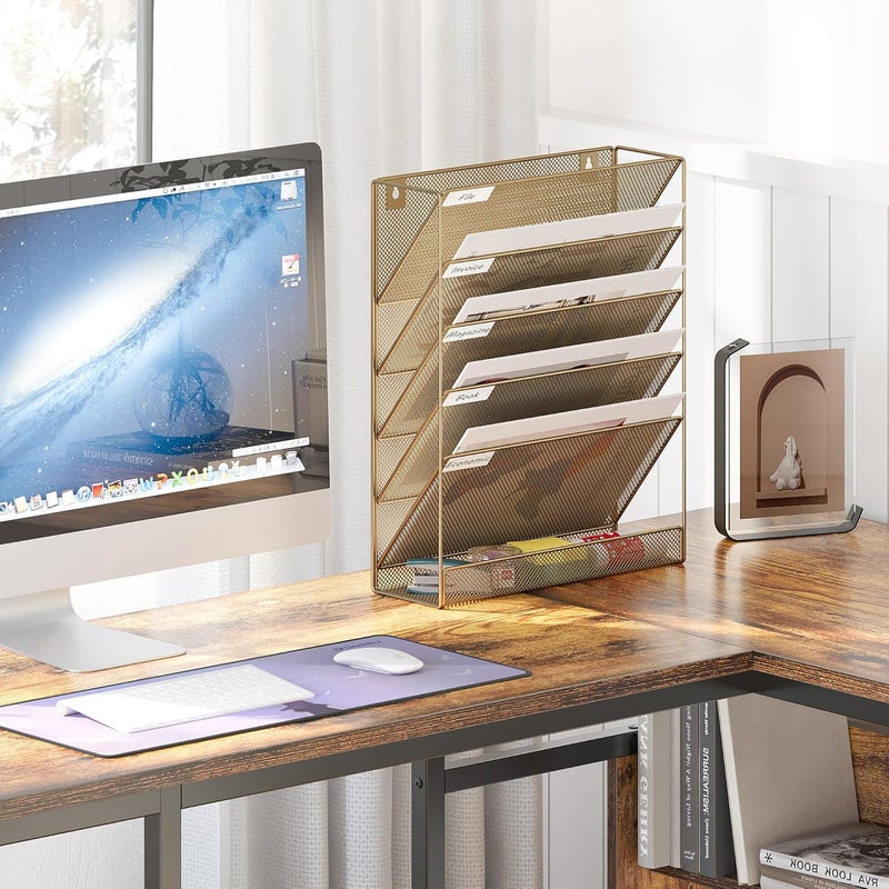 EasyPag 5 Tier Wall File Holder Mesh Hanging Folder Organizer with Classify Label, Versatile Desk File Holder, Vertical Wall Mounted Mail Organizer for Office Home Cubicle, Gold - Image 5