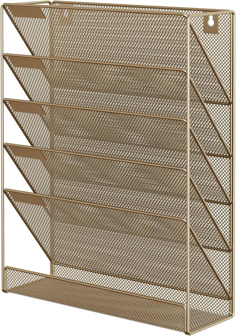 EasyPag 5 Tier Wall File Holder Mesh Hanging Folder Organizer with Classify Label, Versatile Desk File Holder, Vertical Wall Mounted Mail Organizer for Office Home Cubicle, Gold - Image 2