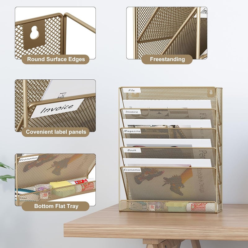 EasyPag 5 Tier Wall File Holder Mesh Hanging Folder Organizer with Classify Label, Versatile Desk File Holder, Vertical Wall Mounted Mail Organizer for Office Home Cubicle, Gold - Image 3