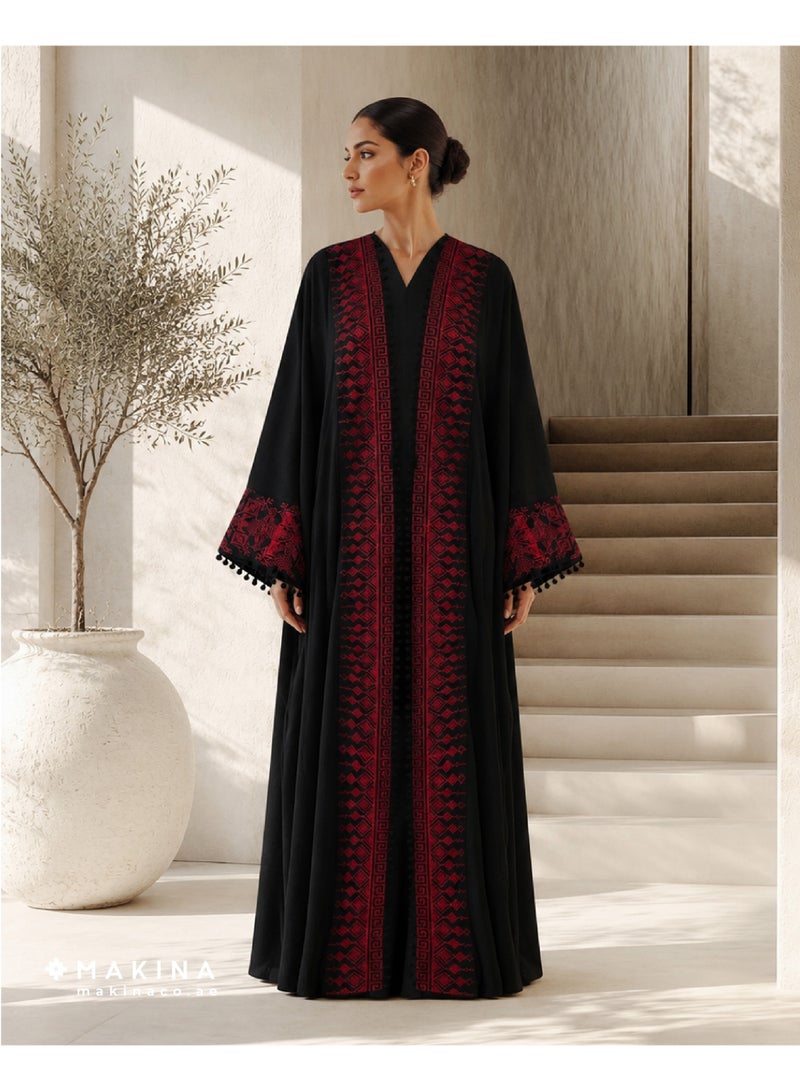 MAKINA Womens Fallahi Bisht - Jordanian Heritage Linen Abaya with Red Embroidery - Image 1