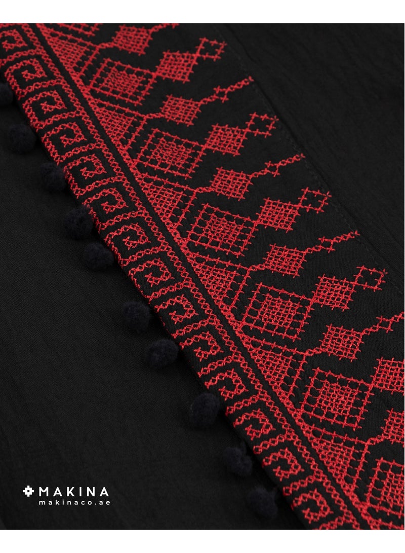 MAKINA Womens Fallahi Bisht - Jordanian Heritage Linen Abaya with Red Embroidery - Image 3